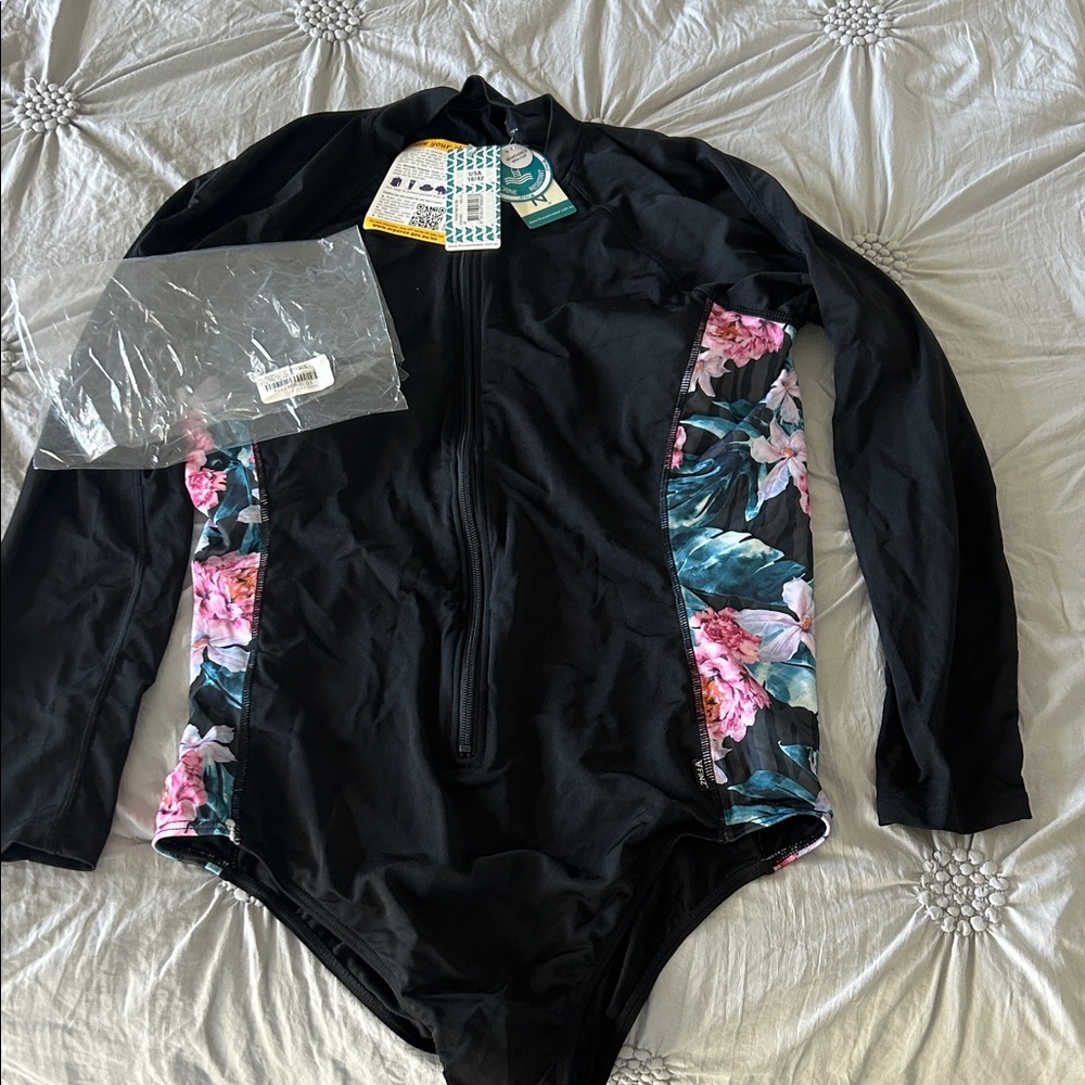 Women’s Black Long-Sleeve One-Piece Swimsuit with Pink Floral Side Panels